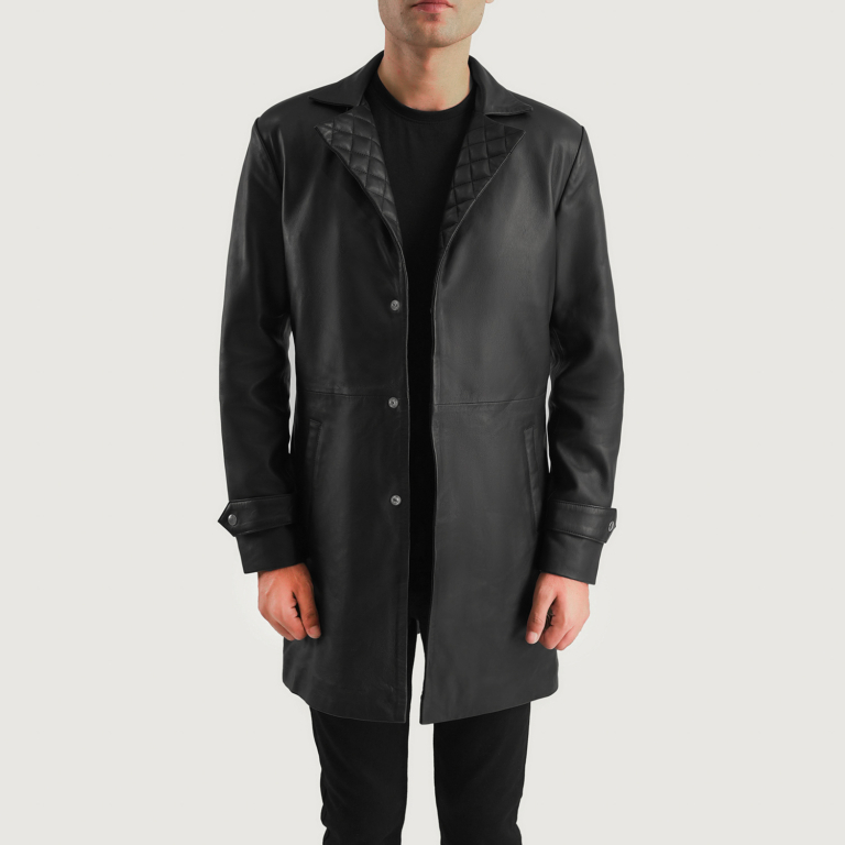 Mens Infinity Black Leather Coat Open Front-4-1700483259795
